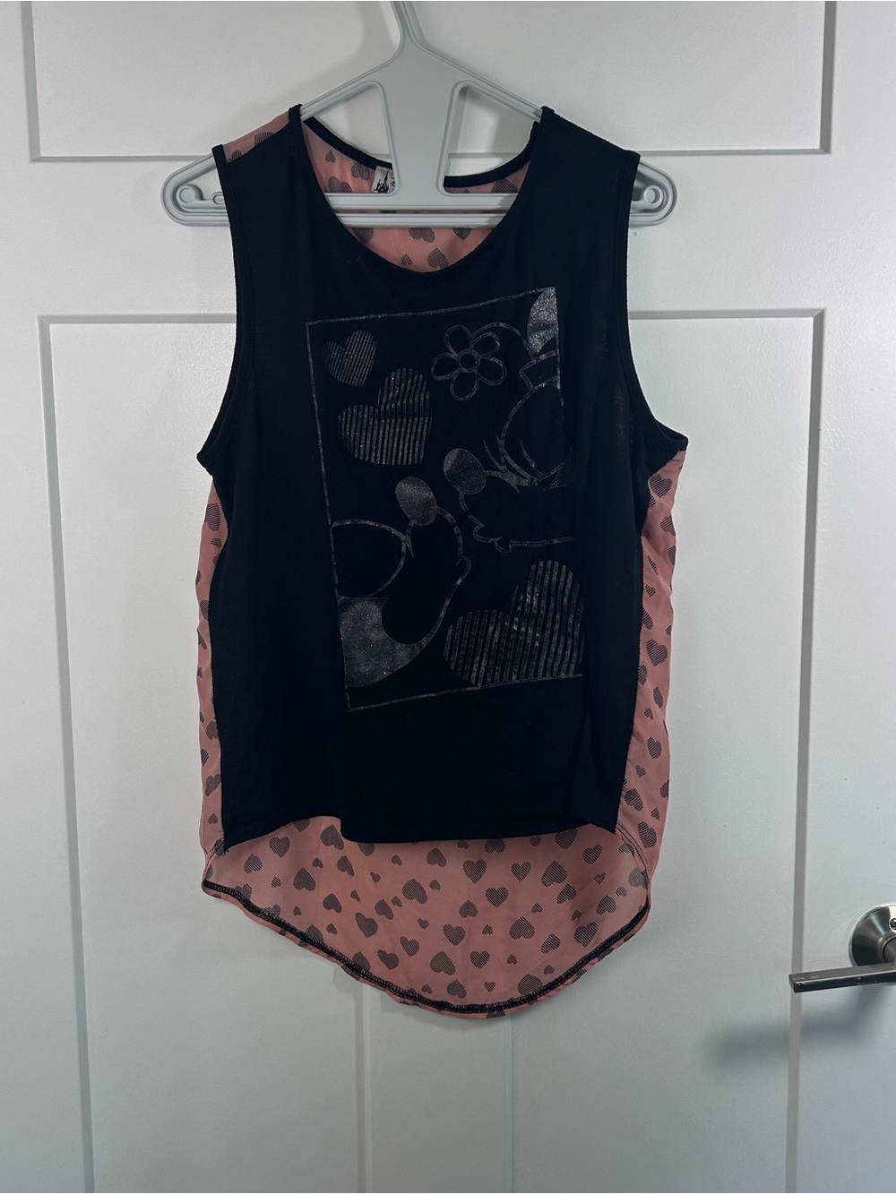 Disney Parks Minnie Mouse black tank top with pink heart pattern on the back